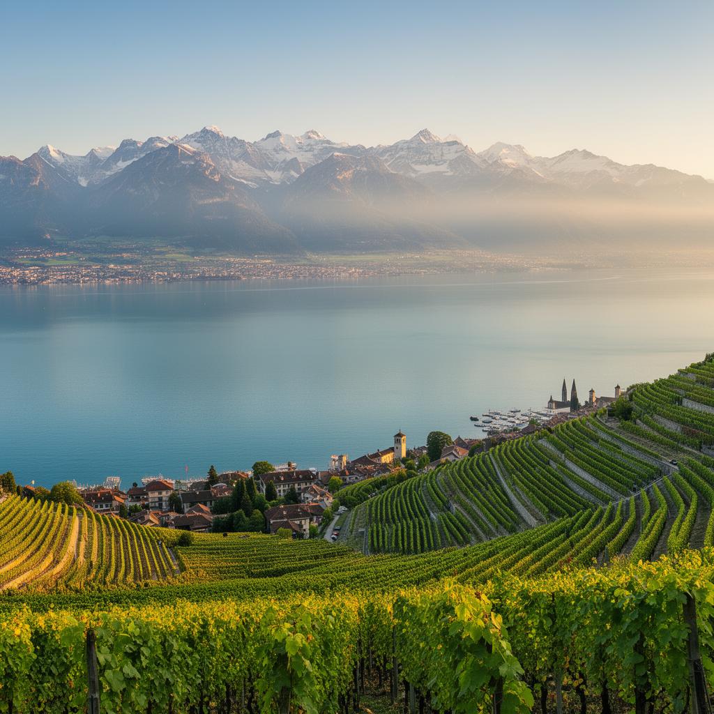 Lake Geneva, the Lavaux vineyards and the Alps near Lausanne